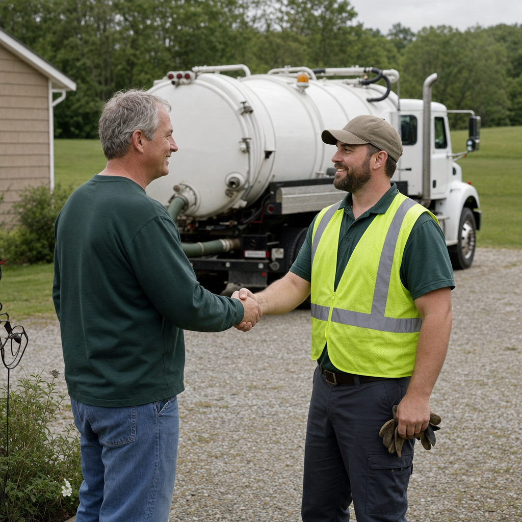A septic technician shaking a Sunnyvale homeowner's hand beside the service truck after a completed pump-out