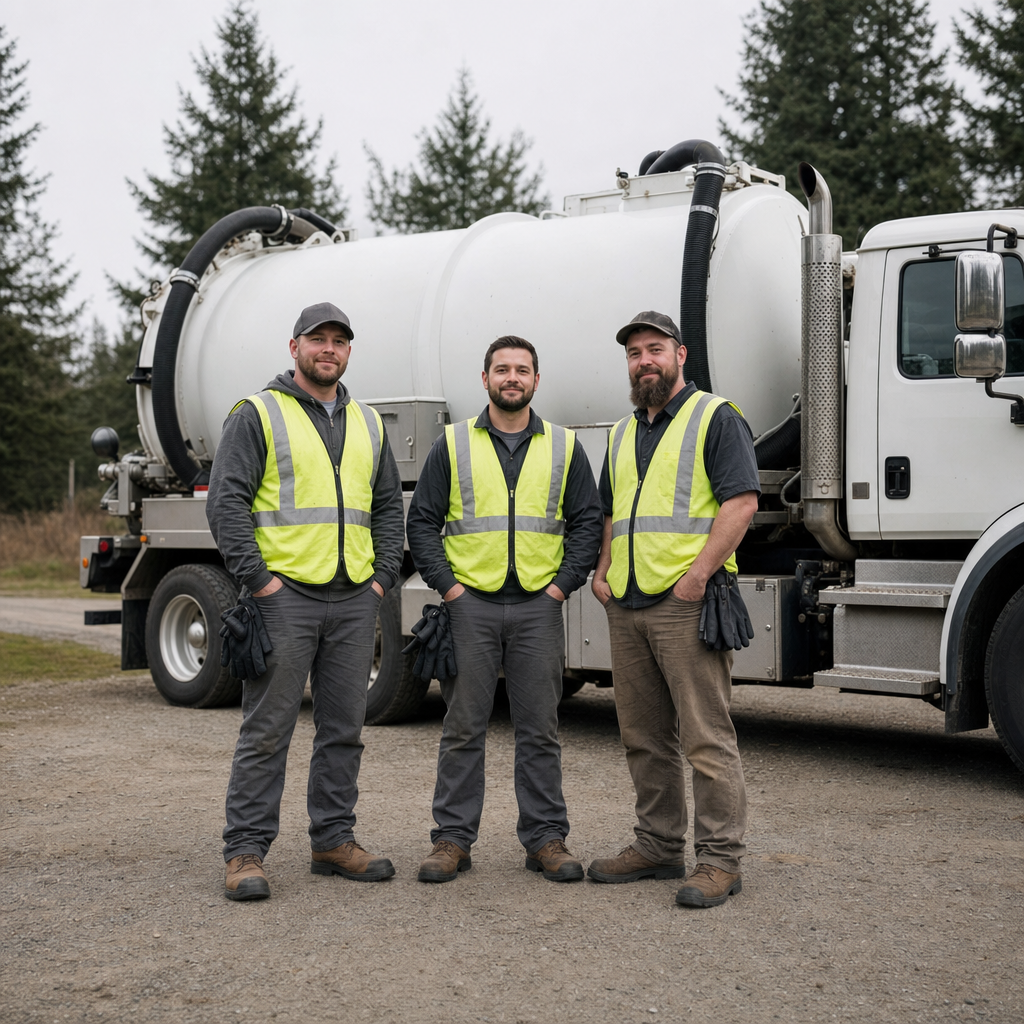 The Sunnyvale septic pumping crew standing together beside their clean white vacuum truck on a residential street