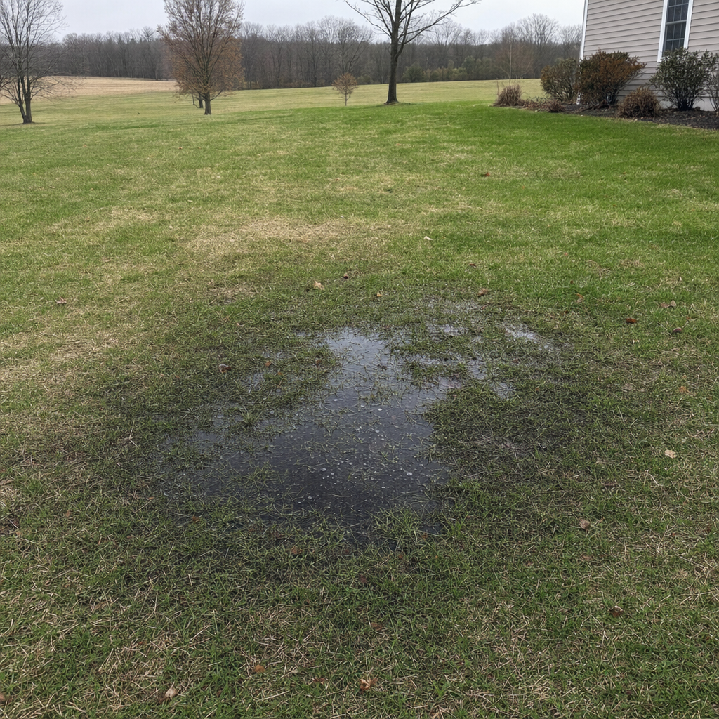 A dark, saturated wet spot in a Sunnyvale backyard lawn marking a failing cesspool at capacity
