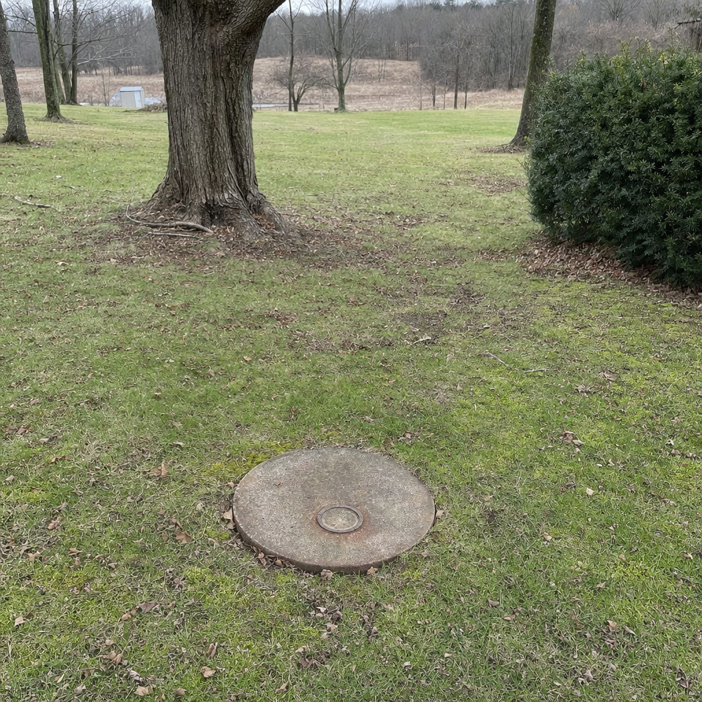 An older round cesspool access lid set flush in an established, mature Sunnyvale backyard lawn