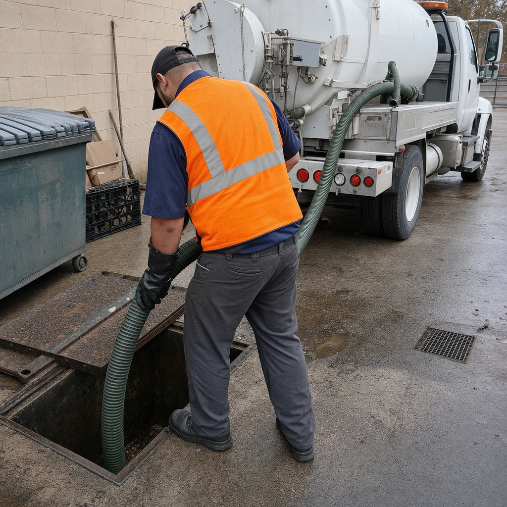 Technician pumping a grease trap behind a Sunnyvale restaurant