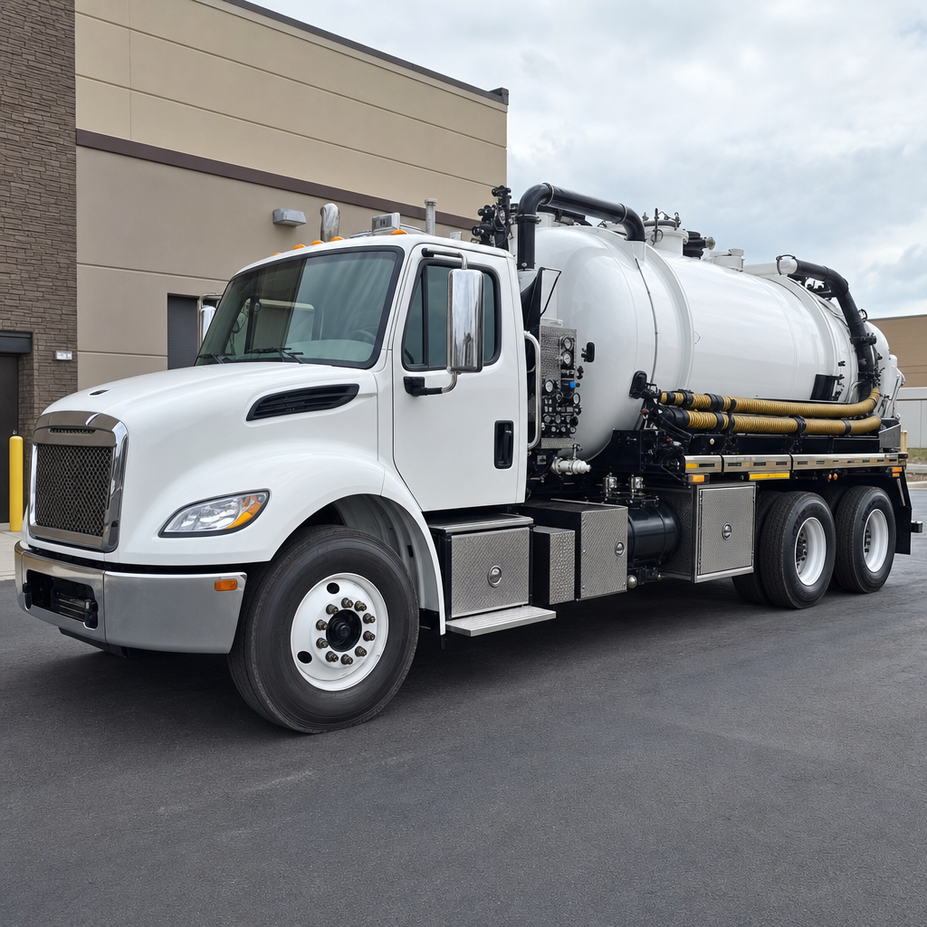 Commercial septic vacuum truck parked in a Sunnyvale business parking lot