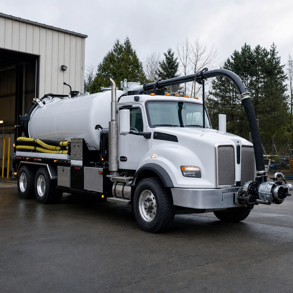 A clean white septic vacuum truck rolling out of a tidy Sunnyvale service depot at the start of the day