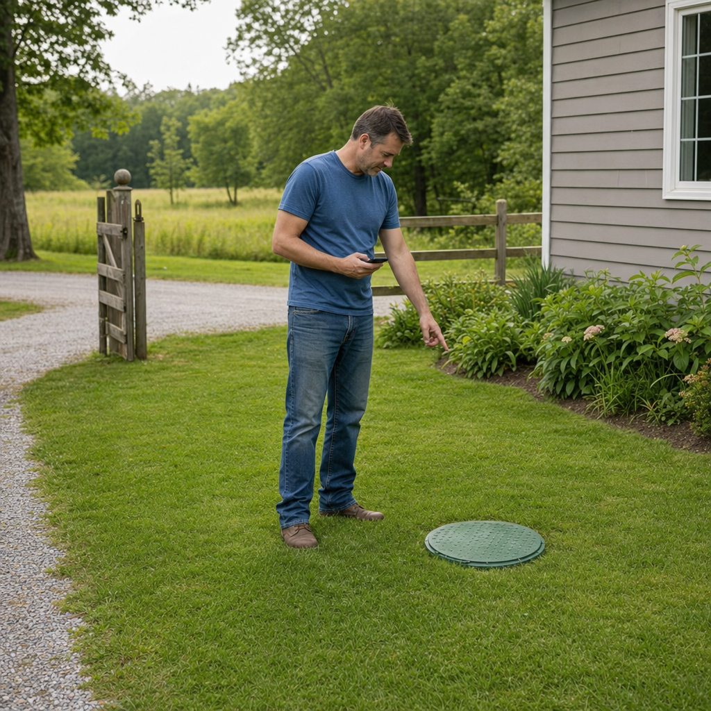 A Sunnyvale-area homeowner standing in the backyard noting where the septic tank lid and access route are located