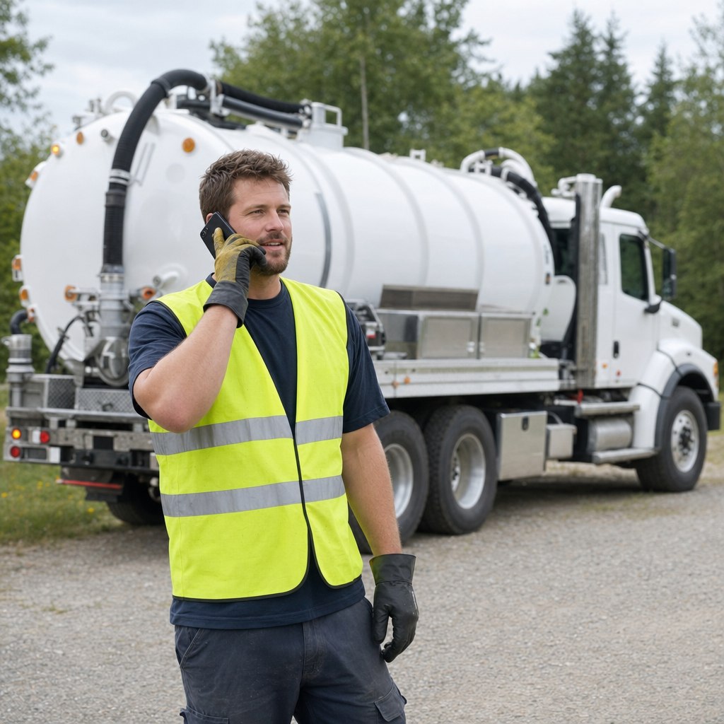 A friendly septic dispatcher holding a phone, ready to answer a Sunnyvale homeowner's call about a pump-out