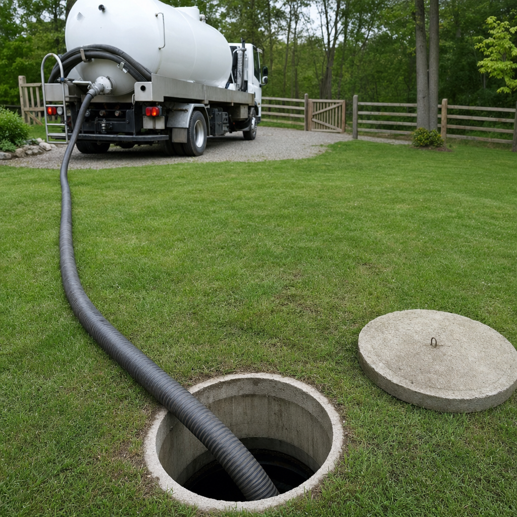Suction hose connected to an open septic tank, drawing it down in a tidy Sunnyvale yard