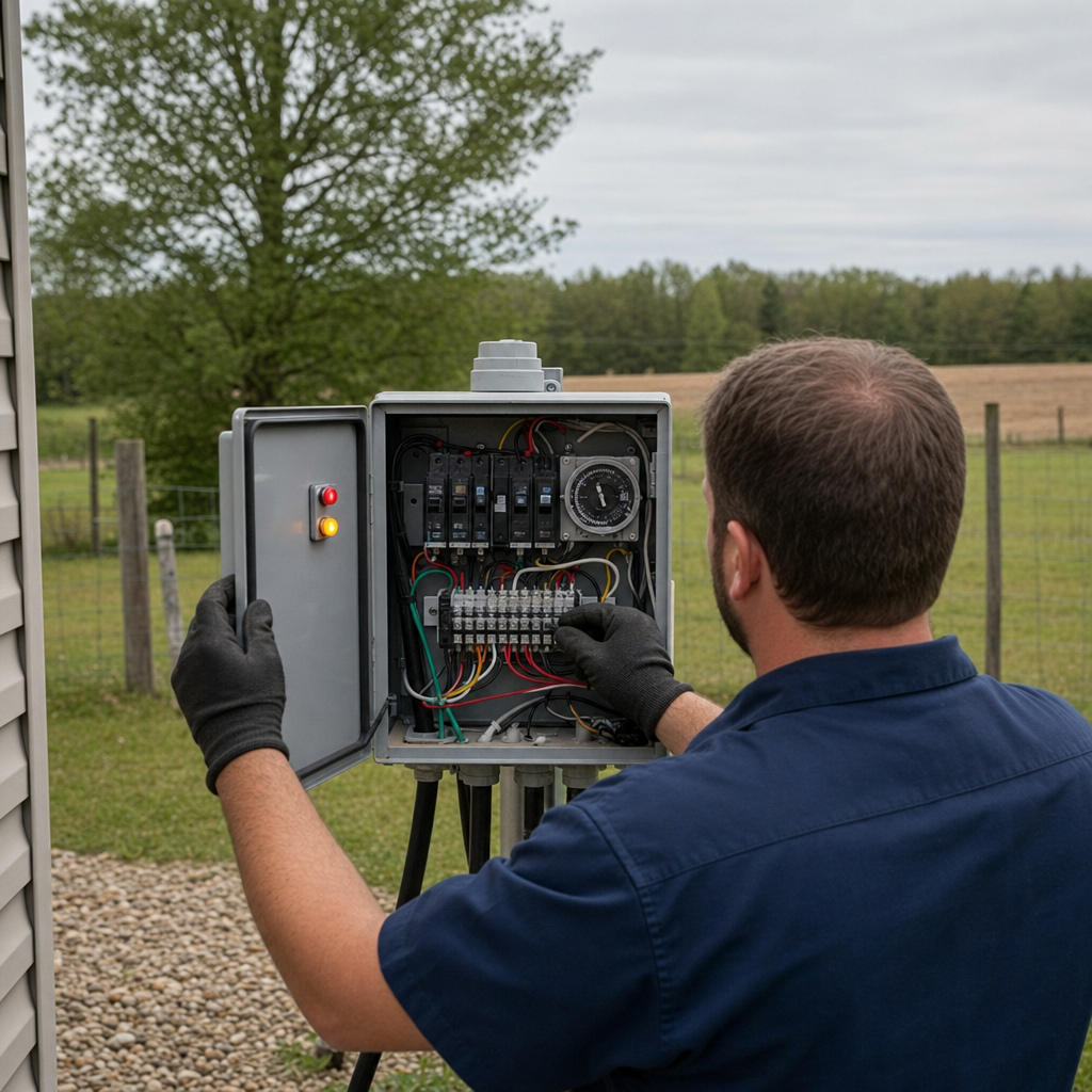 Technician checking an aerobic septic control box with a lit red high-water alarm during a same-day Sunnyvale visit