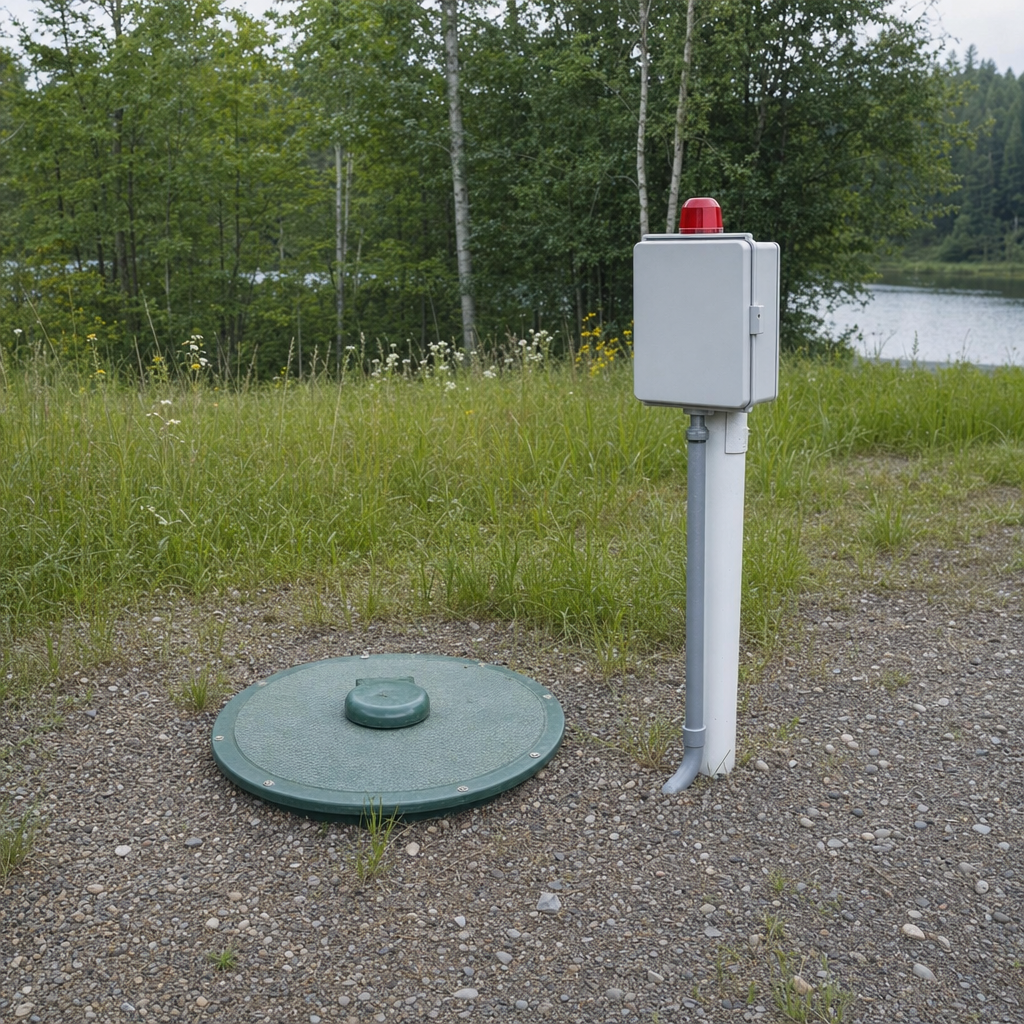 A wastewater holding tank access lid set in the ground at a rural Sunnyvale-area cabin, with a mounted high-level float alarm panel nearby