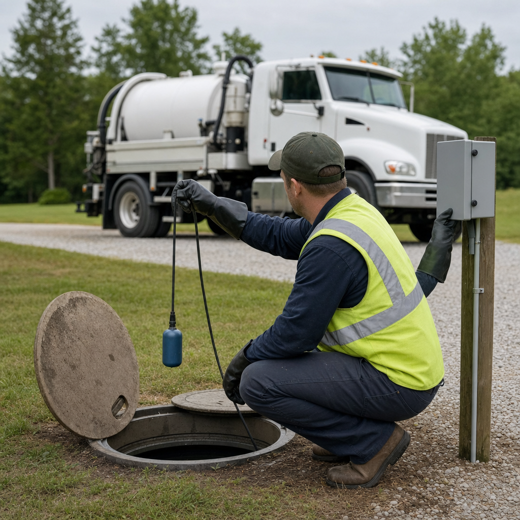 A septic technician in a high-visibility vest checking a high-level float switch and alarm panel on a holding tank at a rural Sunnyvale-area site