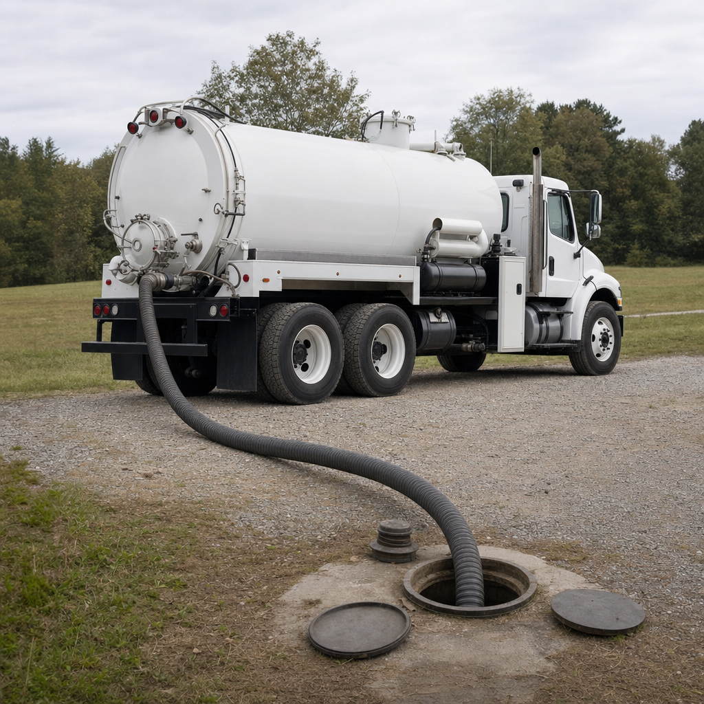 An unmarked white vacuum truck emptying a wastewater holding tank on a scheduled visit at a rural Sunnyvale-area property, thick suction hose running to the tank lid