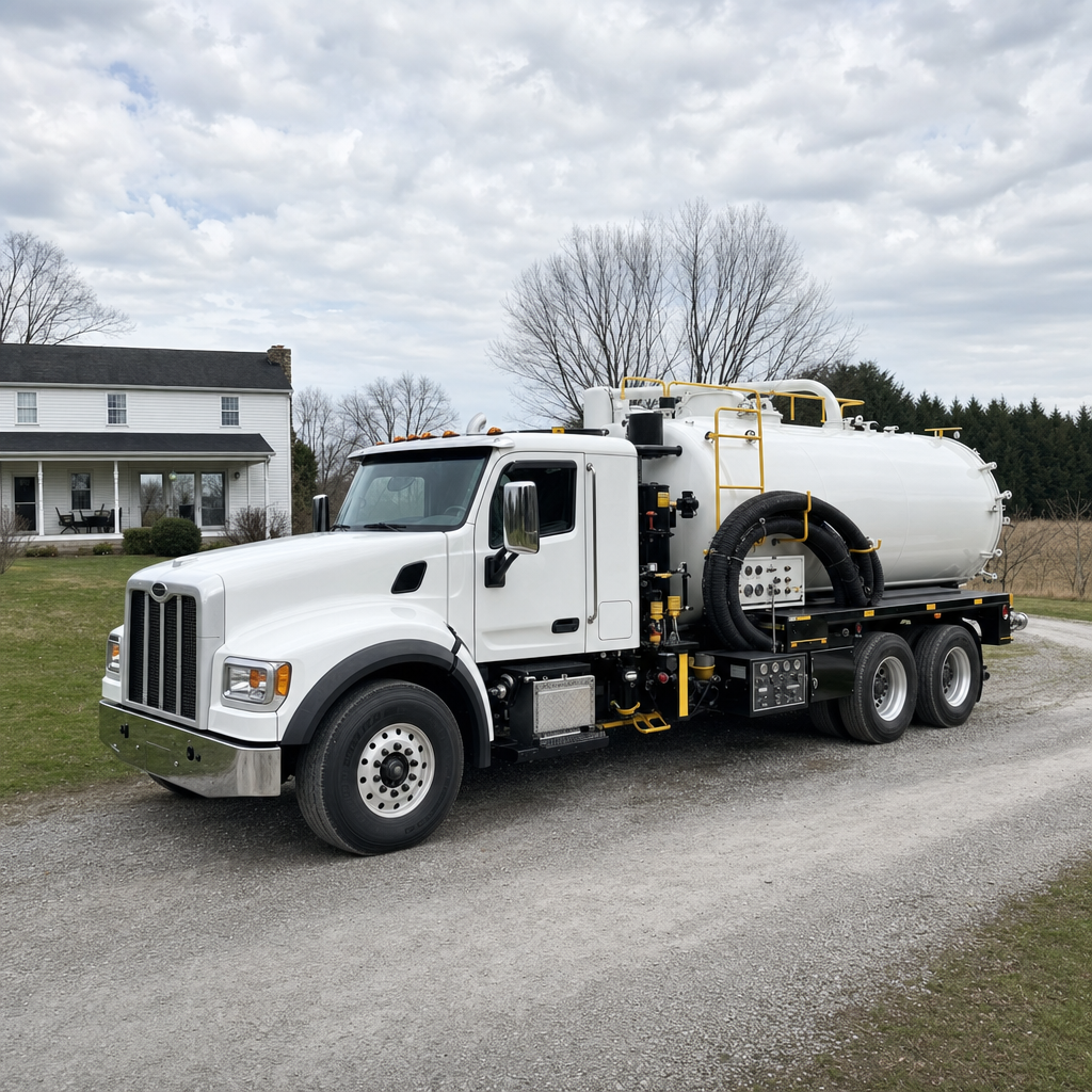 A clean white septic vacuum truck parked on a tidy Sunnyvale driveway with the suction hose neatly coiled
