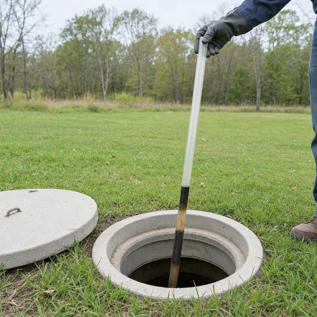 A septic sludge-judge measuring stick lowered into an open Sunnyvale septic tank to read the depth of the sludge and scum layers before deciding whether a pump-out is due