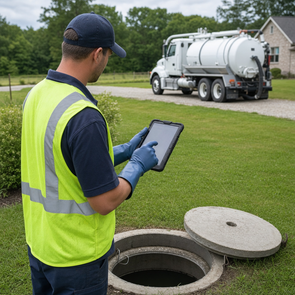 A septic technician recording a Sunnyvale home's pump-out date and tank condition on a tablet beside an open access lid, tracking the service history that sets the next due date