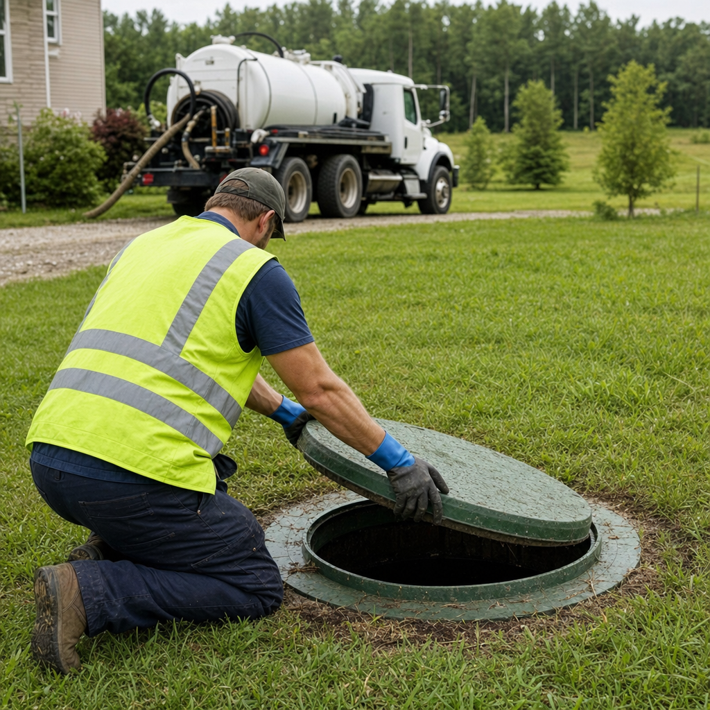 Septic technician kneeling on a Sunnyvale lawn, lifting the access lid on a residential septic tank