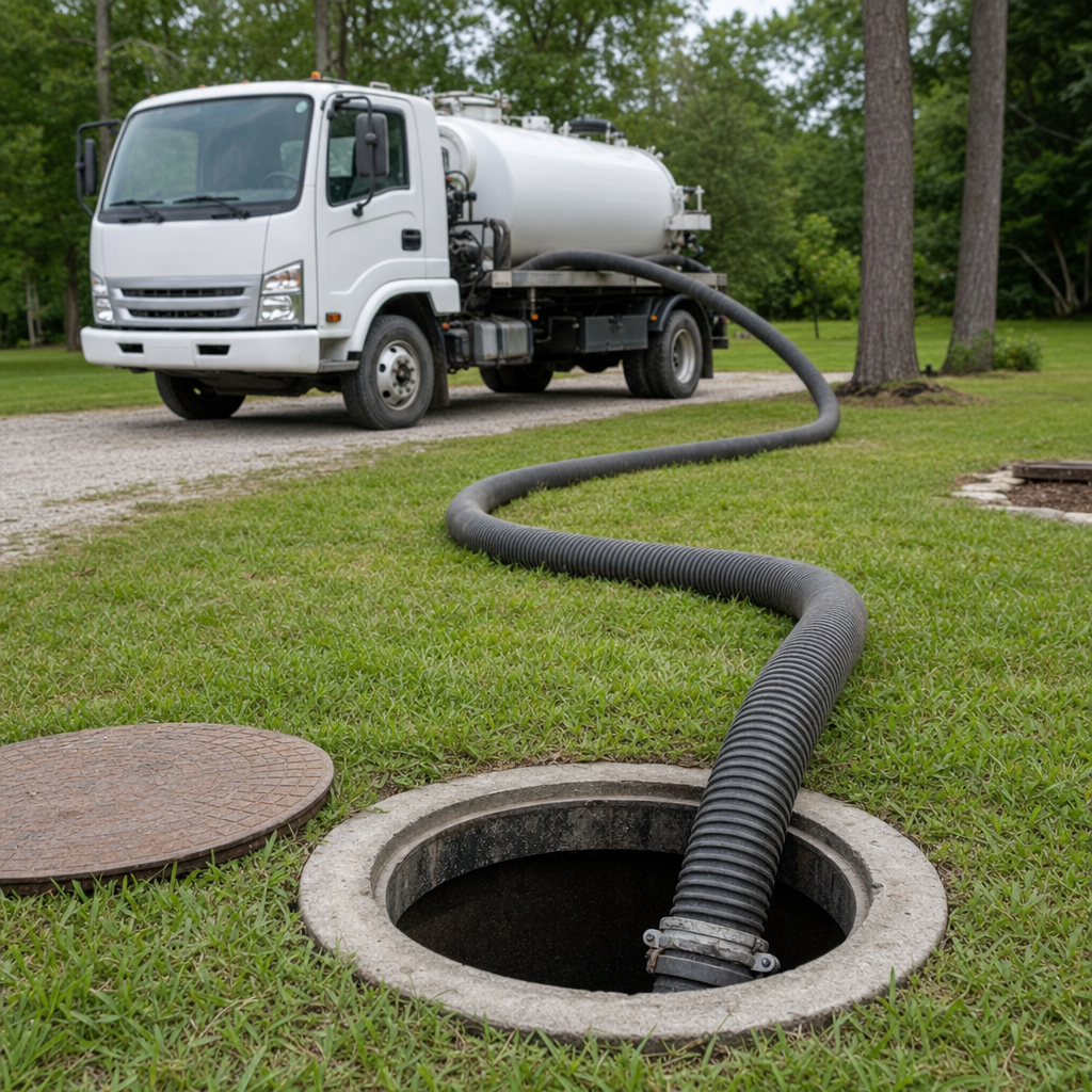 Thick ribbed suction hose lowered into a clean open septic tank port on a tidy Sunnyvale backyard lawn