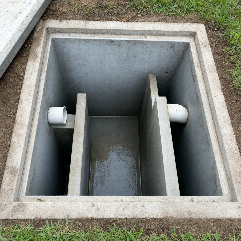 Inspection of the concrete baffles inside an open, emptied and freshly cleaned Sunnyvale septic tank