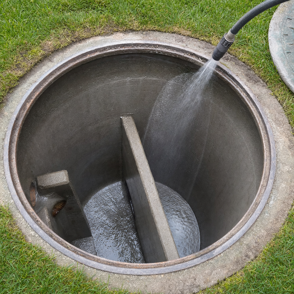 Interior concrete walls of an emptied Sunnyvale septic tank being rinsed clean with the truck's onboard water hose