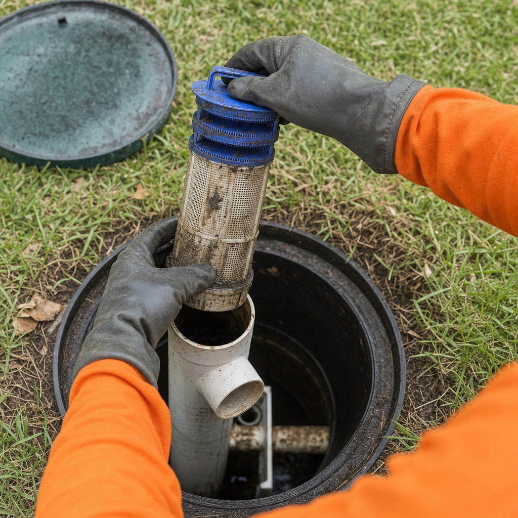 Septic technician's gloved hands lifting the effluent filter cartridge out of the outlet housing on a Sunnyvale septic tank