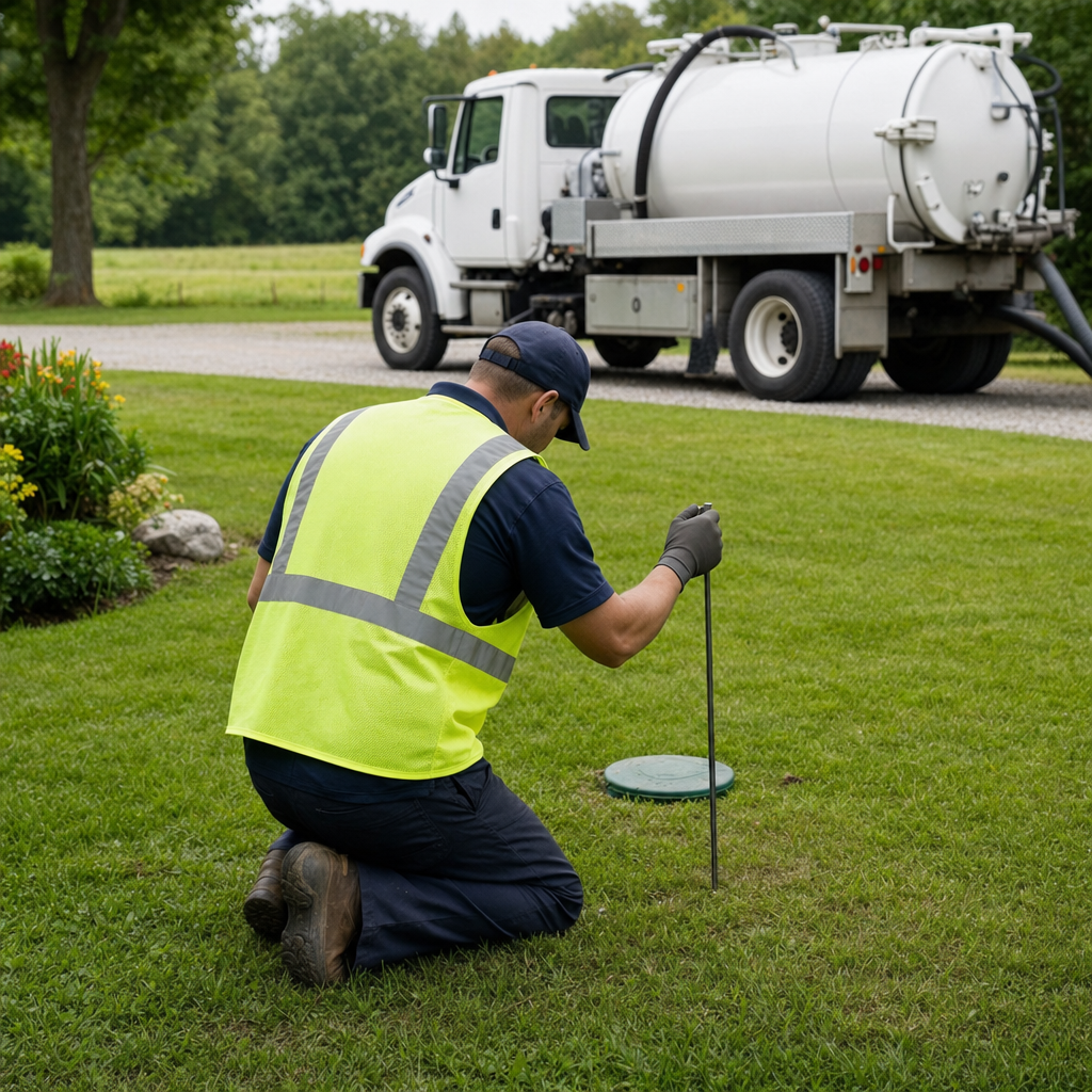 Septic technician kneeling on a Sunnyvale lawn, probing to locate and measure the depth of a buried septic tank lid before pumping