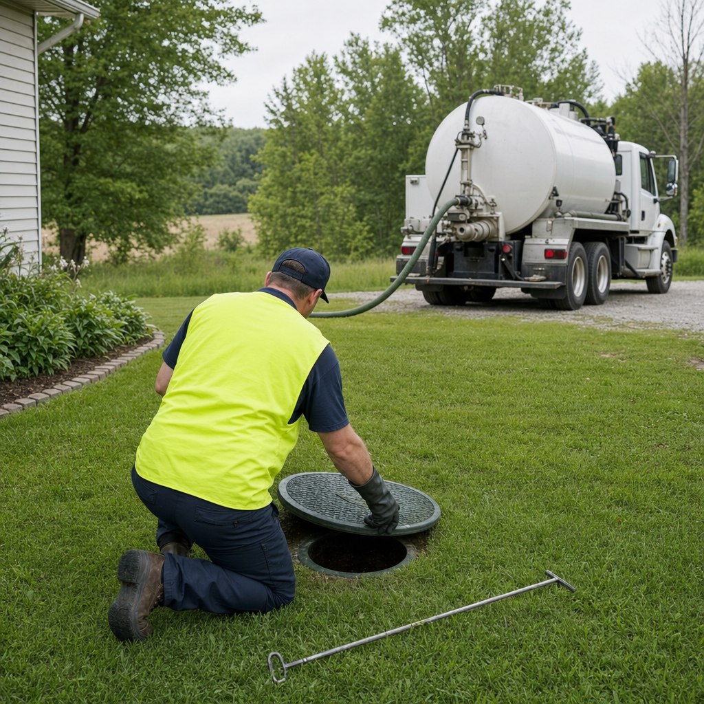 Septic technician kneeling on a Sunnyvale lawn, lifting the buried access lid on a residential septic tank