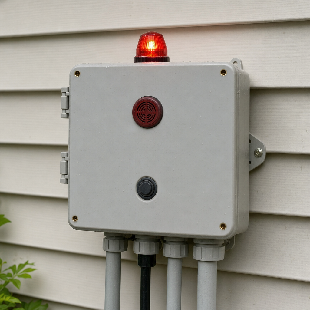 An aerobic septic system control panel mounted outside a Sunnyvale home with its red high-water alarm light lit
