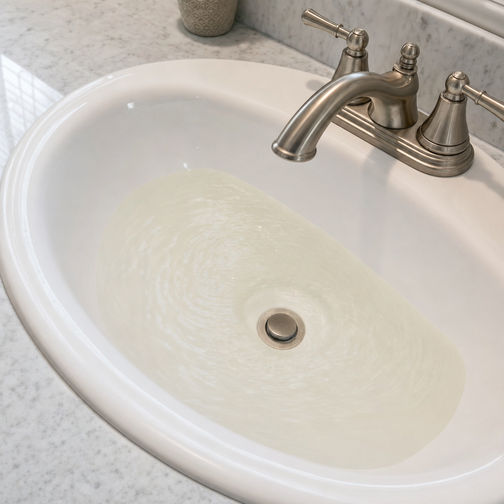 A bathroom sink draining slowly with water pooled in the basin, an early warning sign that a Sunnyvale septic tank is full
